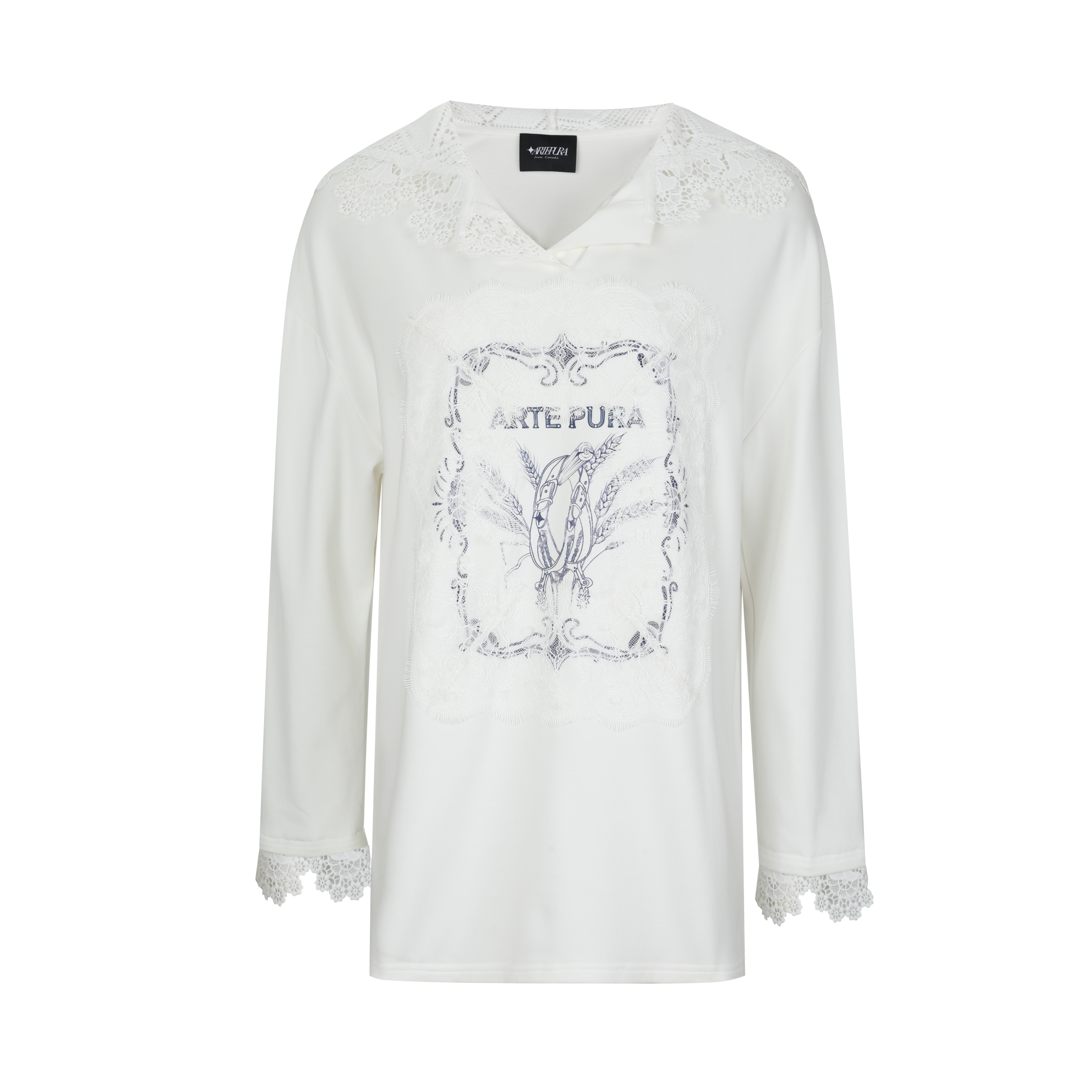 White Printed Lace Hoodie Fleece Long T-Shirt