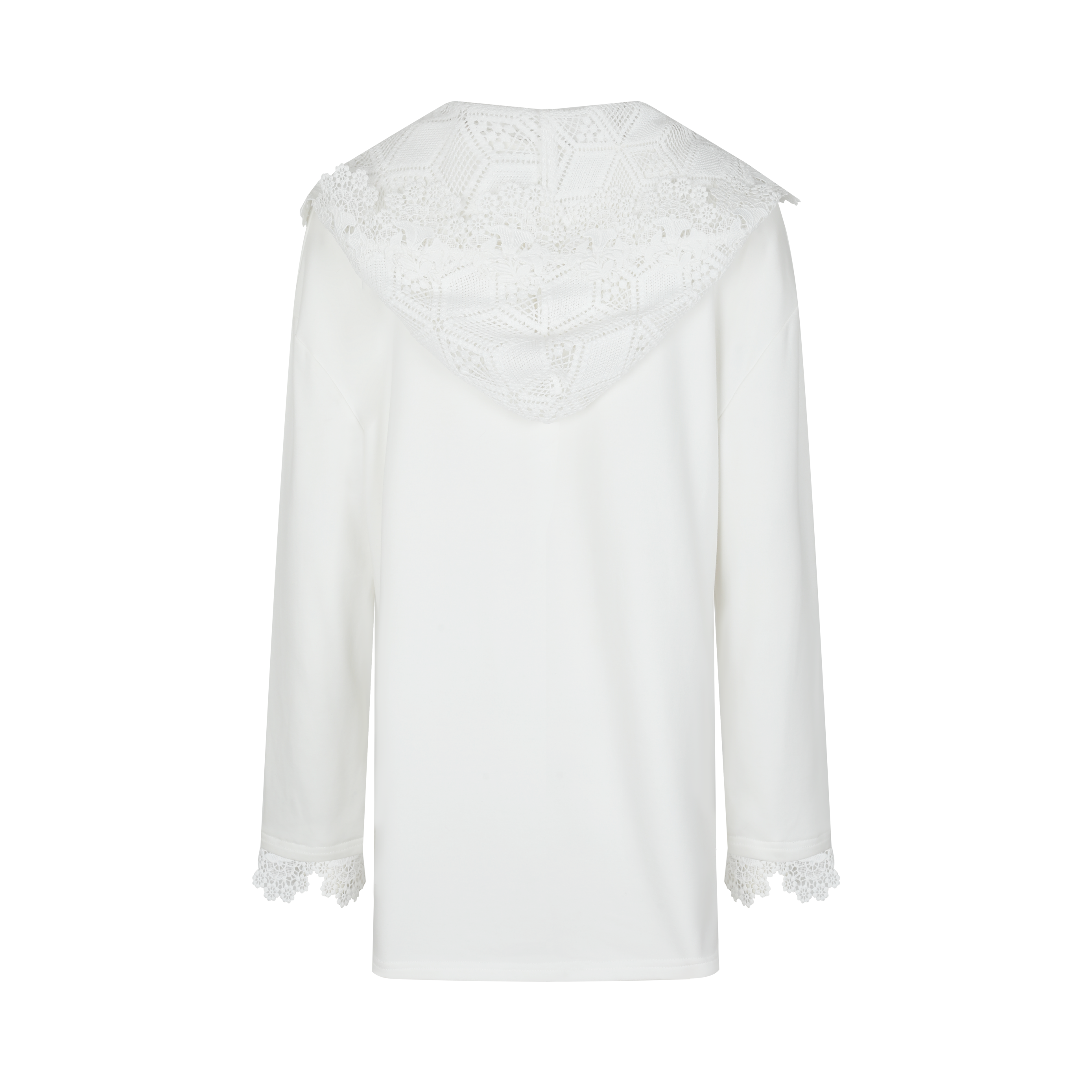 White Printed Lace Hoodie Fleece Long T-Shirt