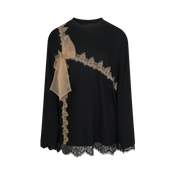 Black Mesh Bow Contrast Lace Long-Sleeve Tee