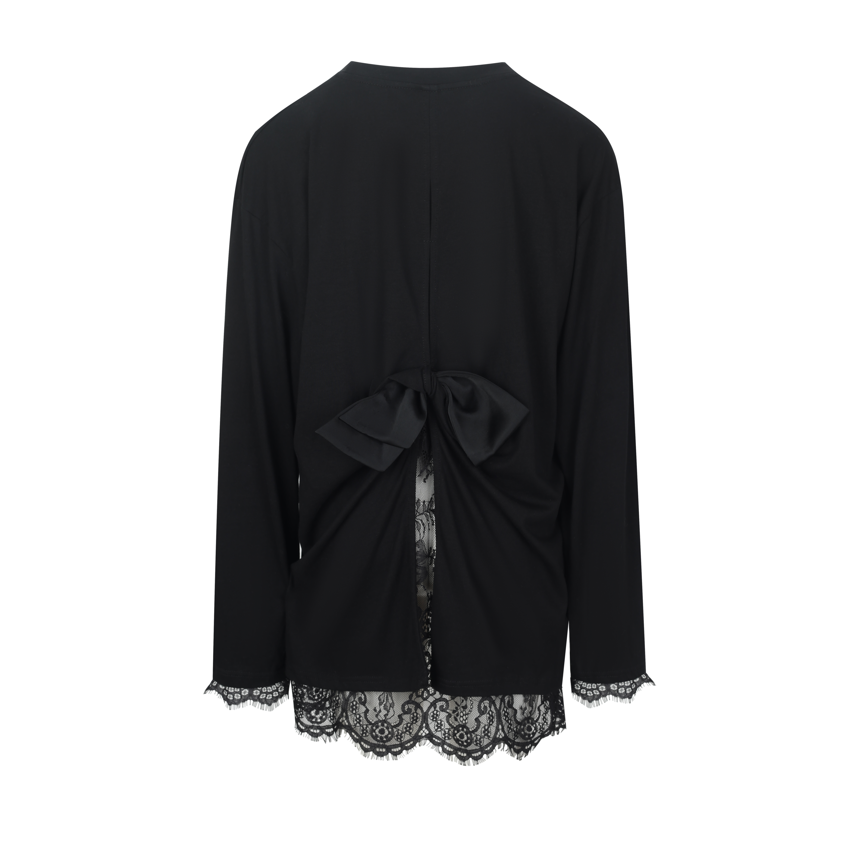 Black Mesh Bow Contrast Lace Long-Sleeve Tee