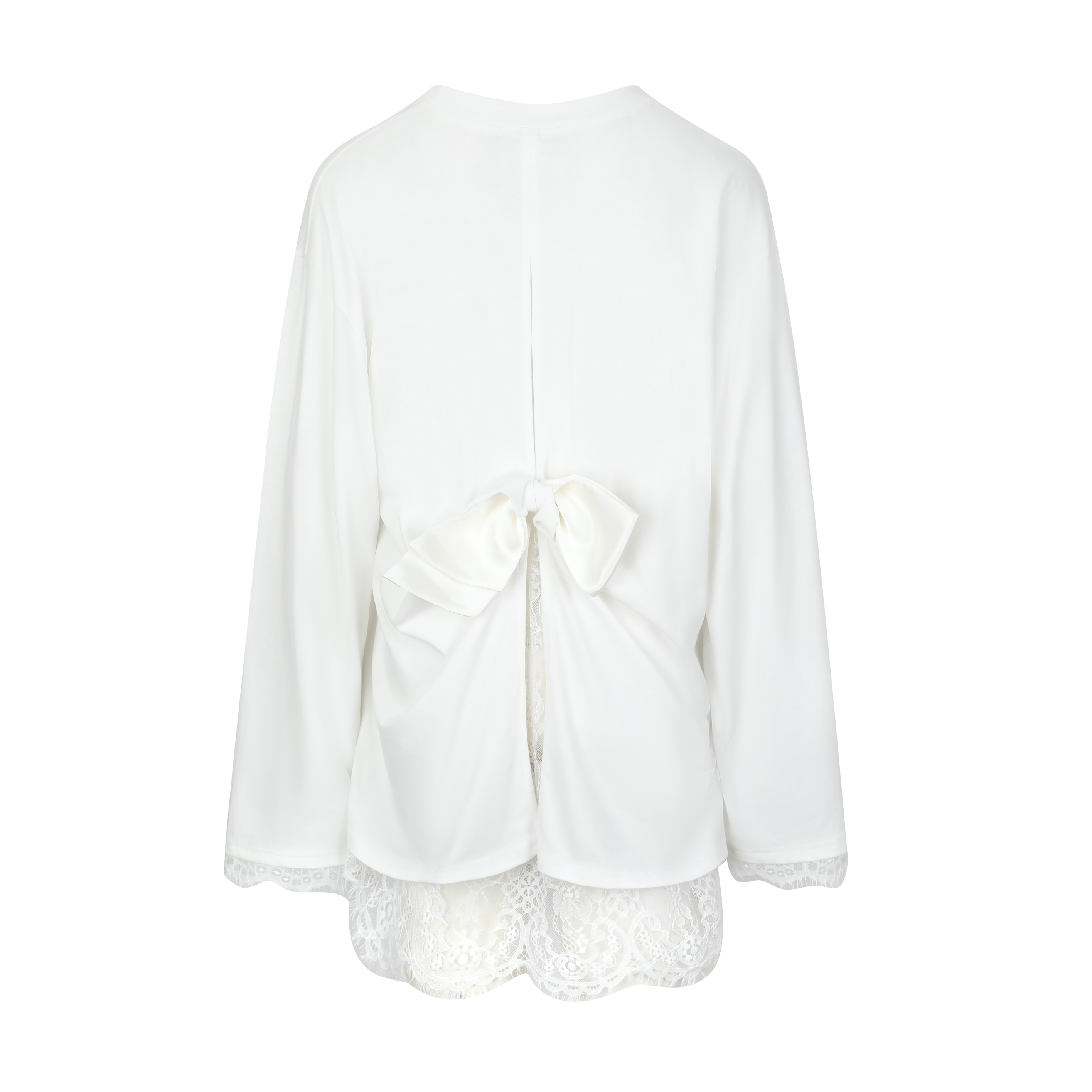White Mesh Bow Contrast Lace Long-Sleeve Tee