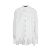 White Cutout Lace Shirt with Silver Thread Floral Appliqué