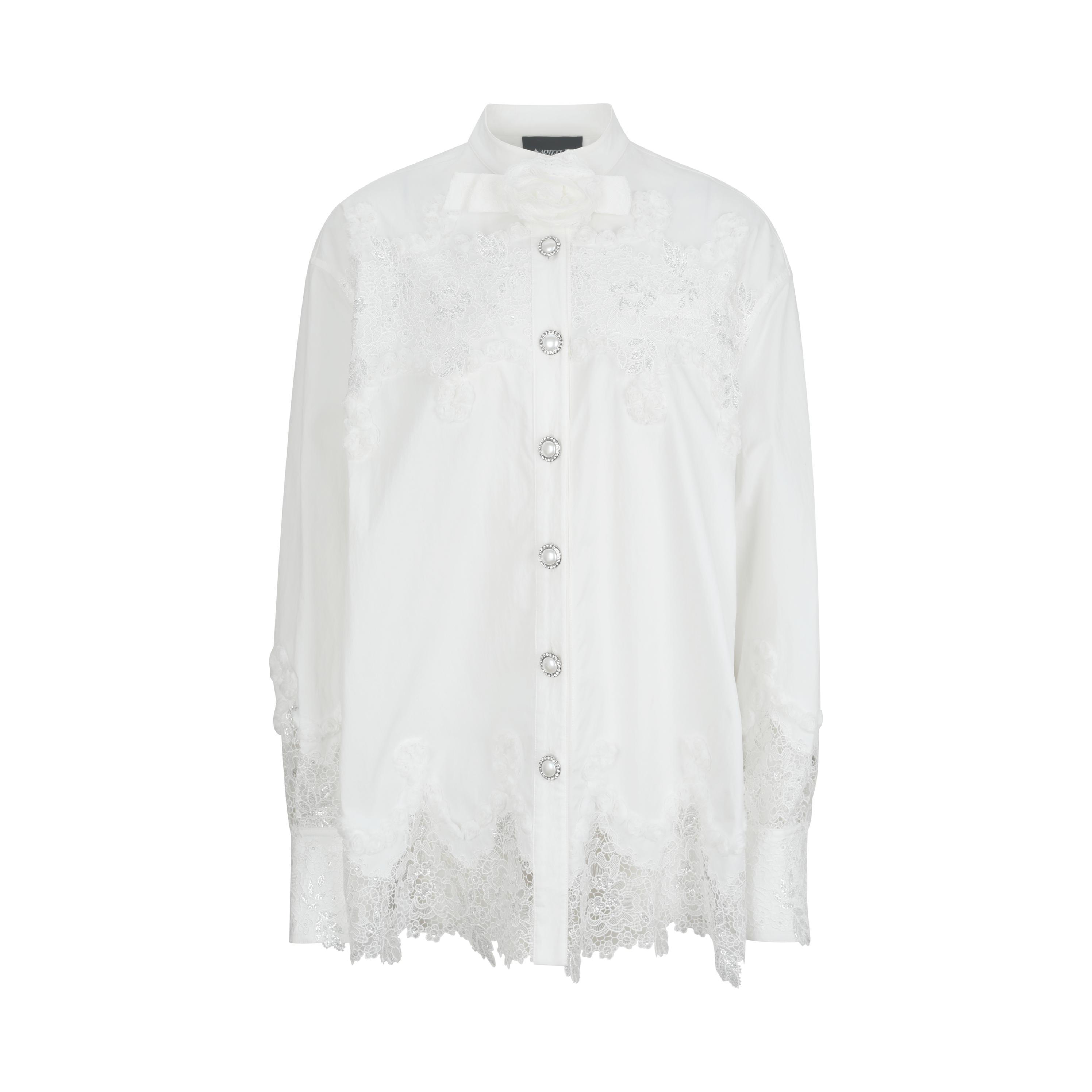 White Cutout Lace Shirt with Silver Thread Floral Appliqué