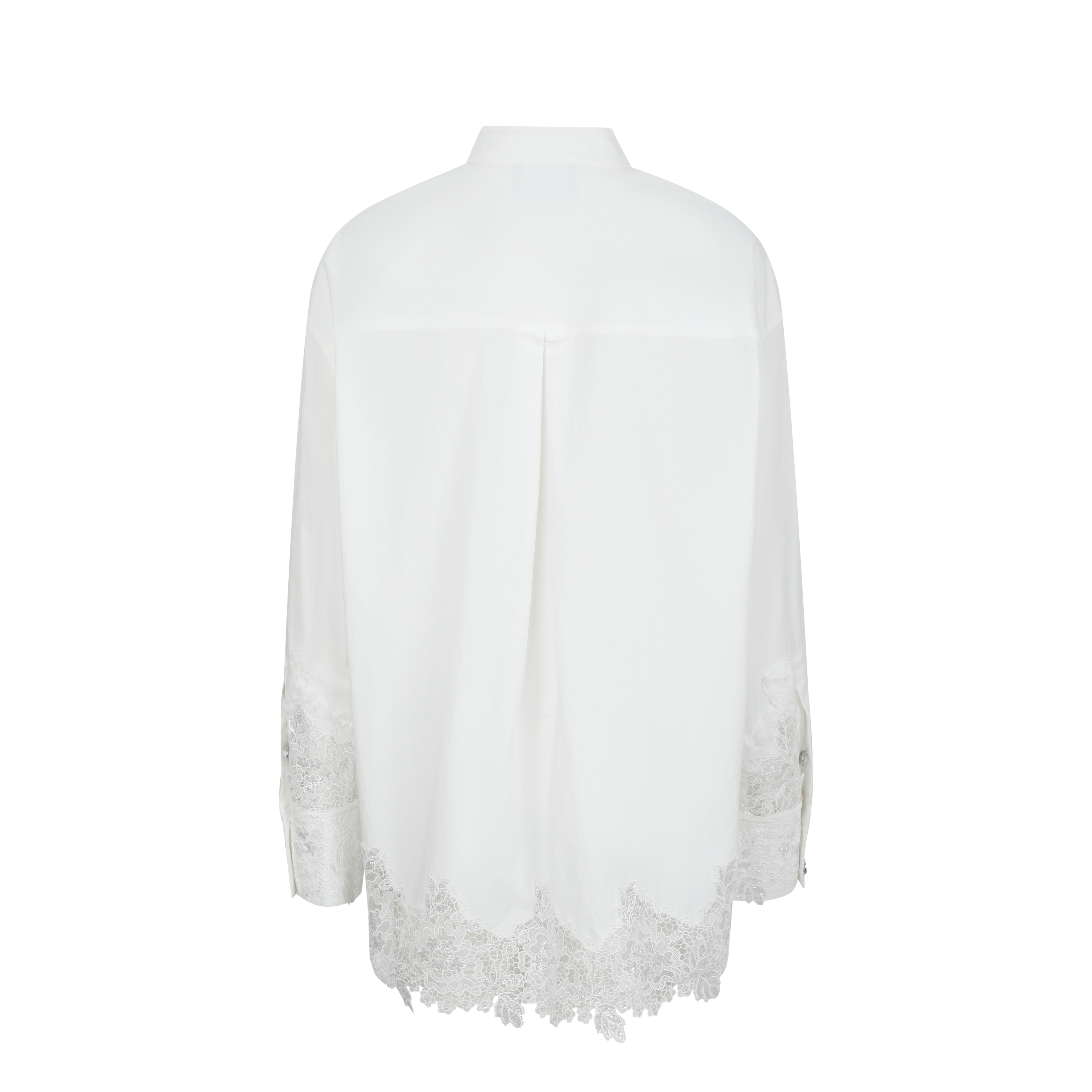 White Cutout Lace Shirt with Silver Thread Floral Appliqué