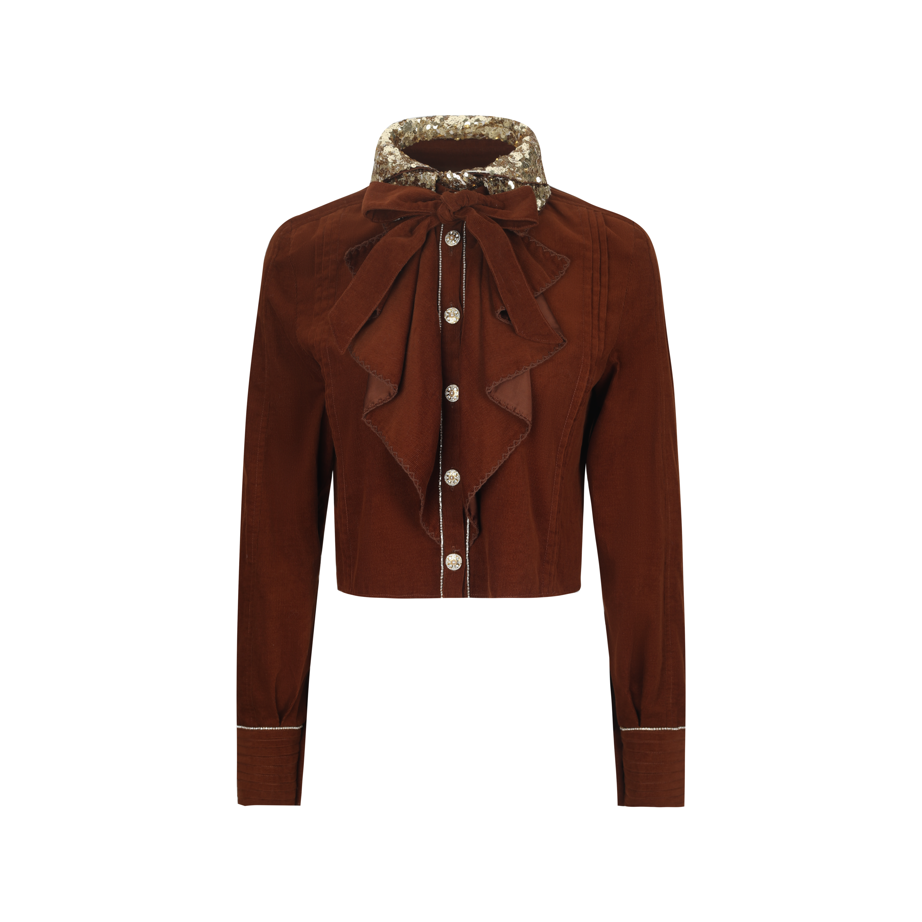 Brown Corduroy Crop Shirt with Sequin Collar
