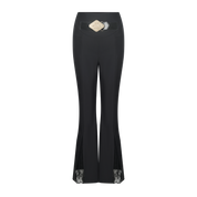 Black Lace Split Flared Pants with Belt Detail