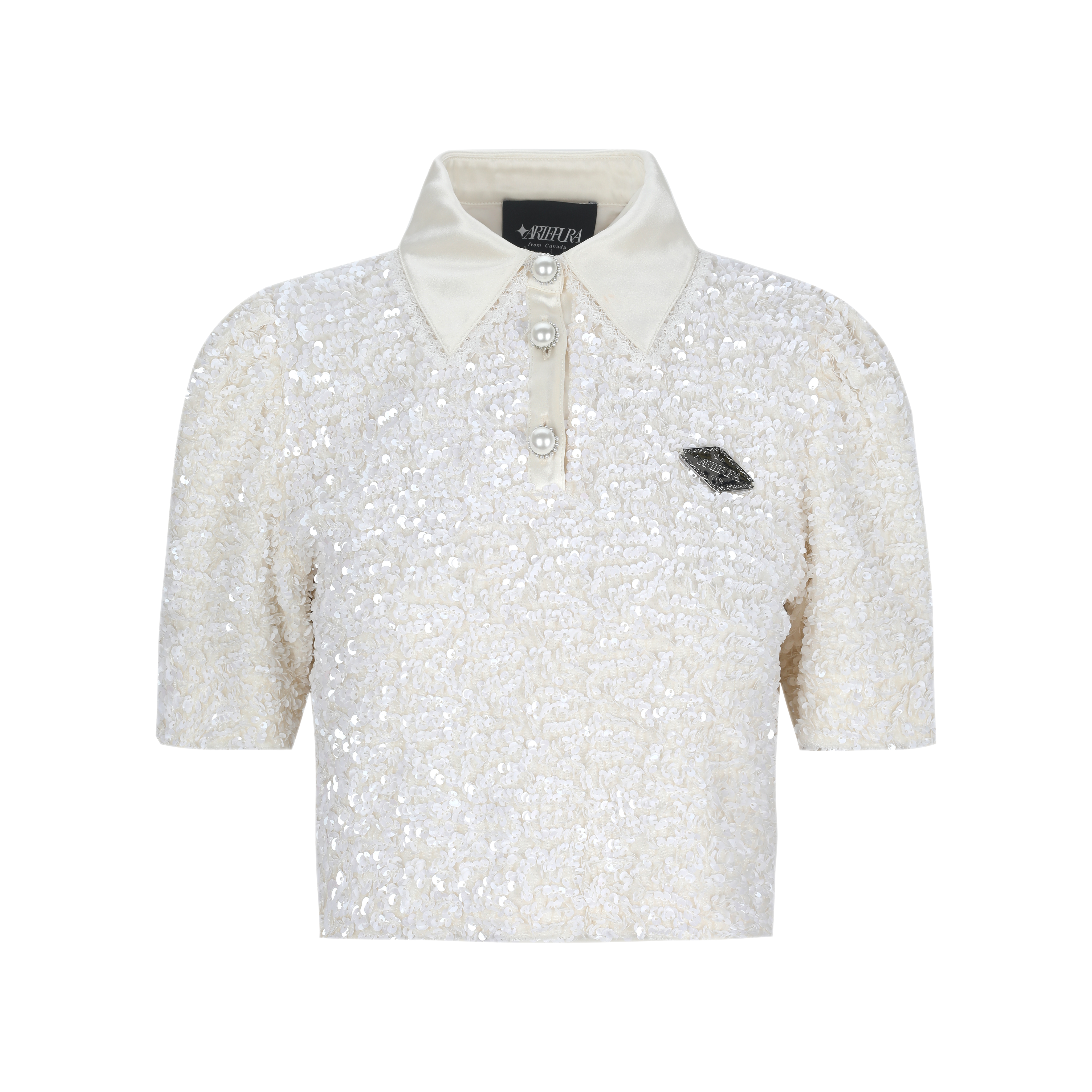 Ivory Sequin Polo Collar Cropped Top