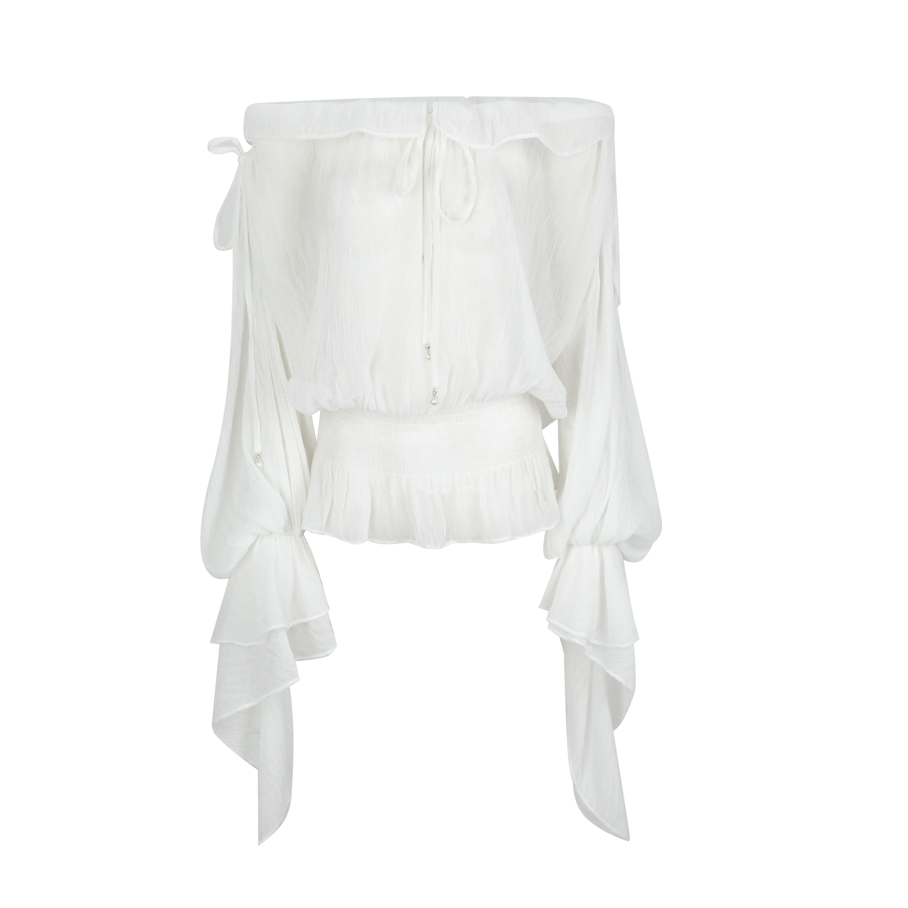 White Off-Shoulder Textured Chiffon Blouse