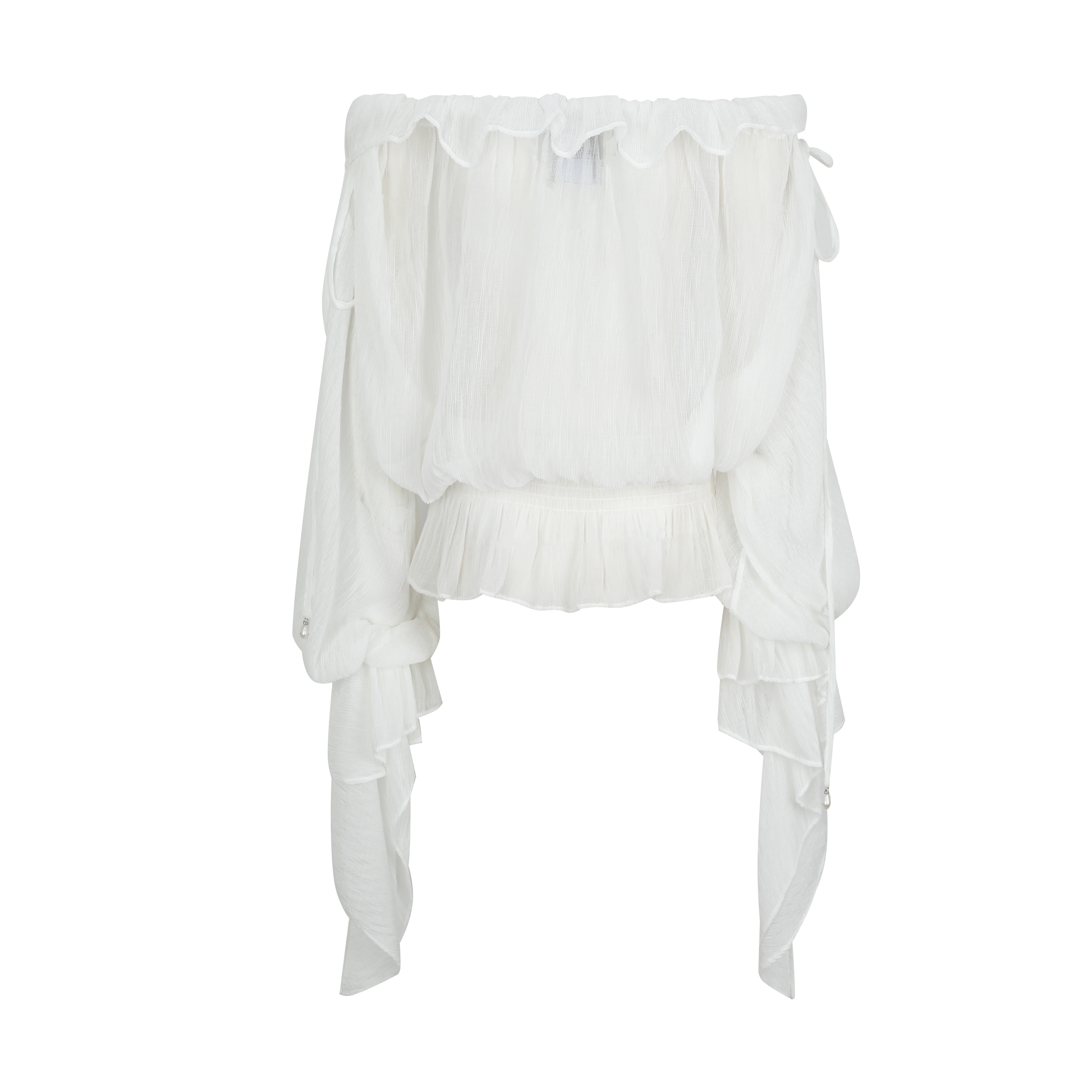 White Off-Shoulder Textured Chiffon Blouse