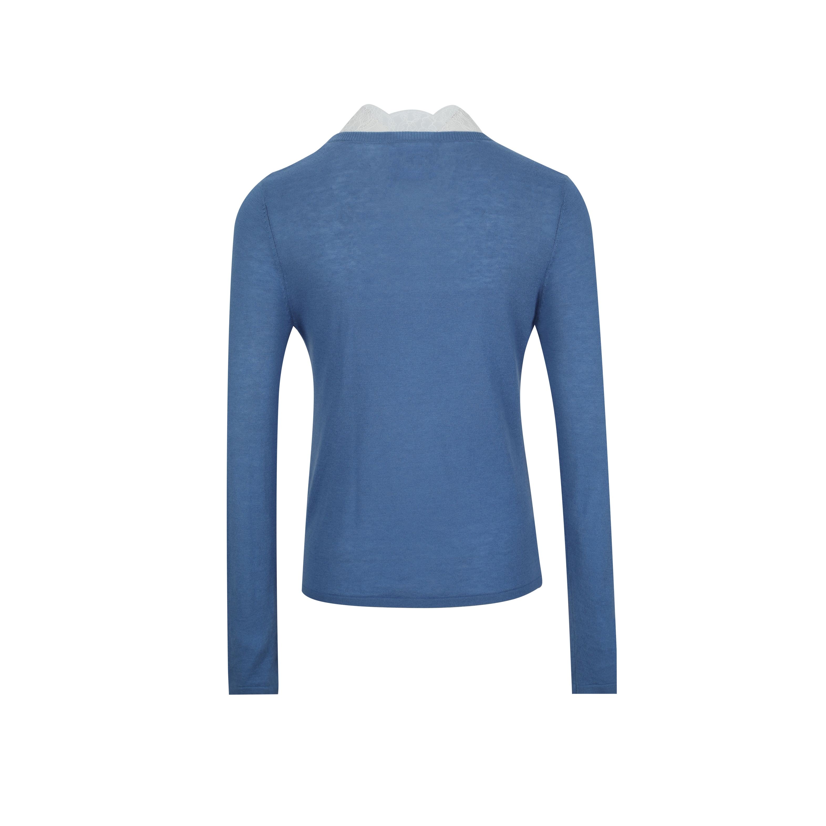 Blue Lace-Trim Knit Top with Contrasting Bow