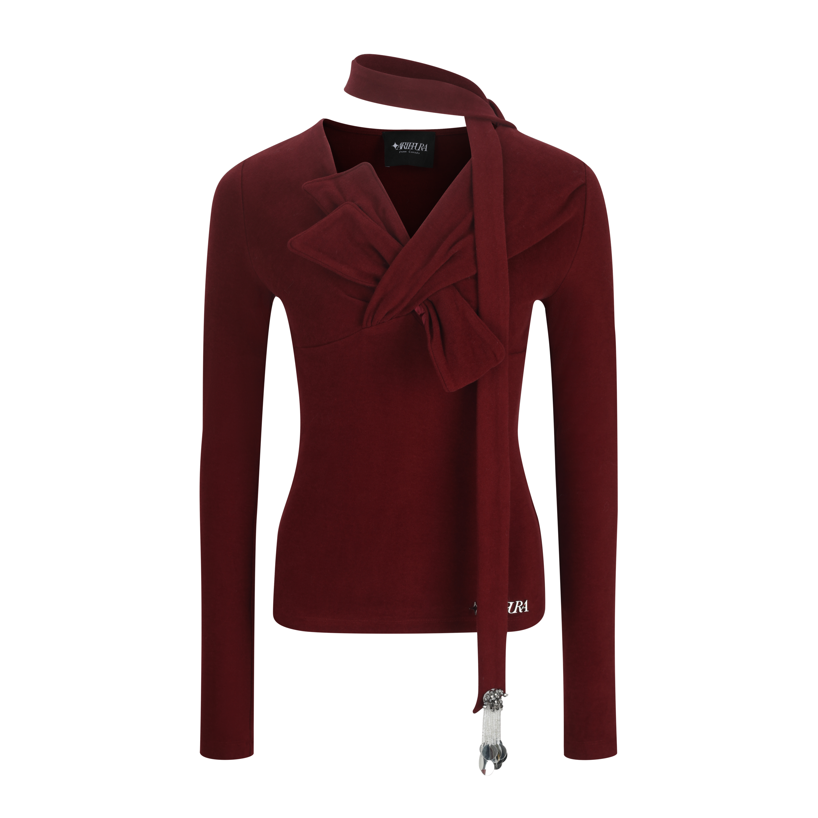 Red Fitted Twist-Front Long Sleeve Top