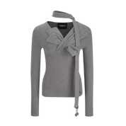 Gray Fitted Twist-Front Long Sleeve Top