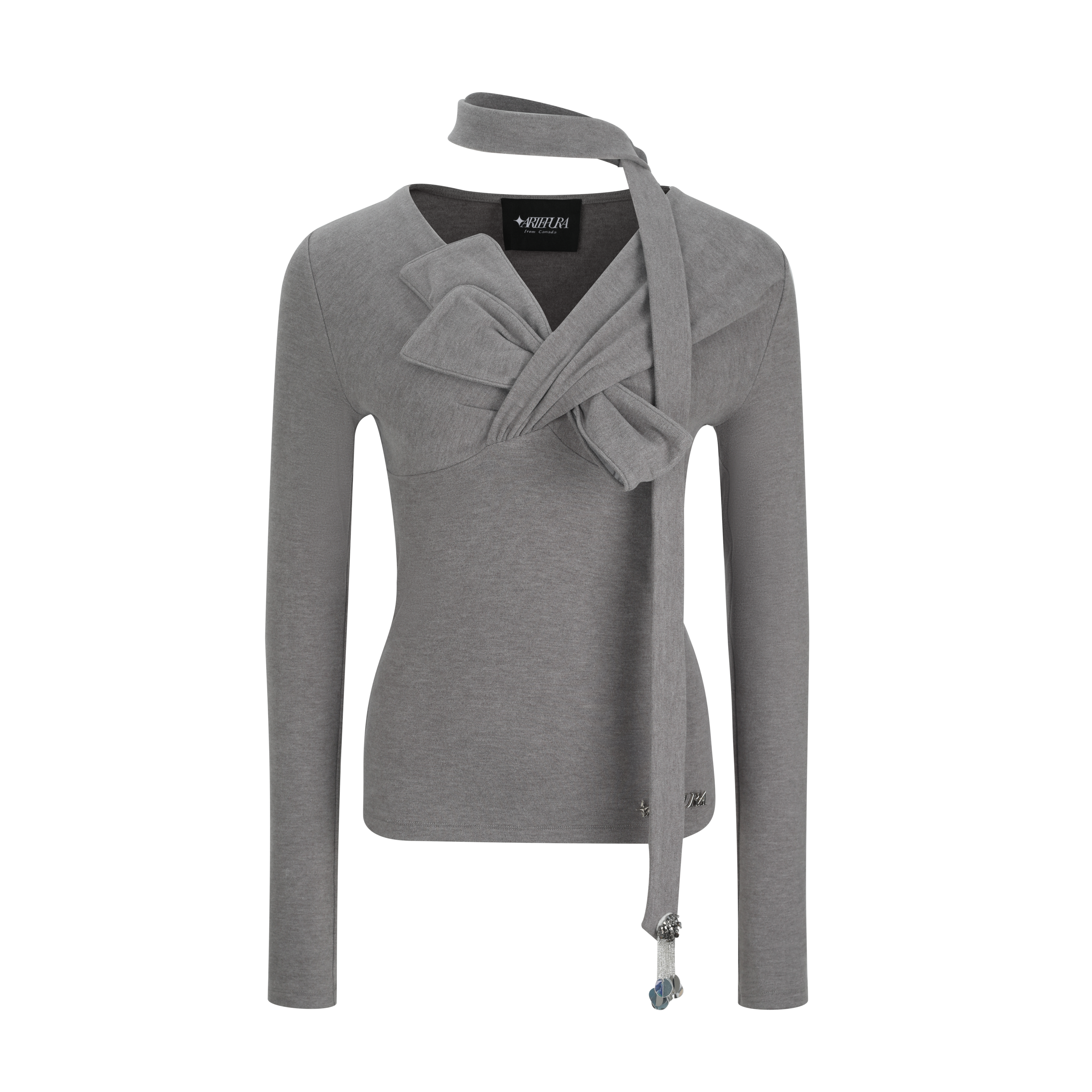 Gray Fitted Twist-Front Long Sleeve Top