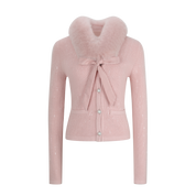 Pink Sequin Knit Cardigan with Fur Collar