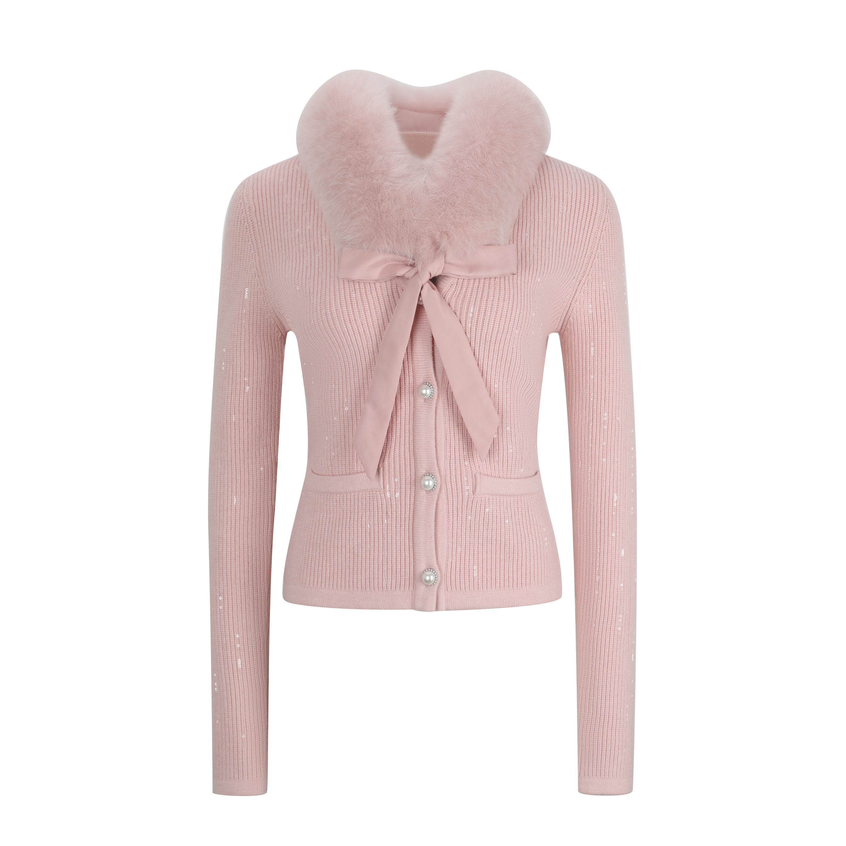 Pink Sequin Knit Cardigan with Fur Collar
