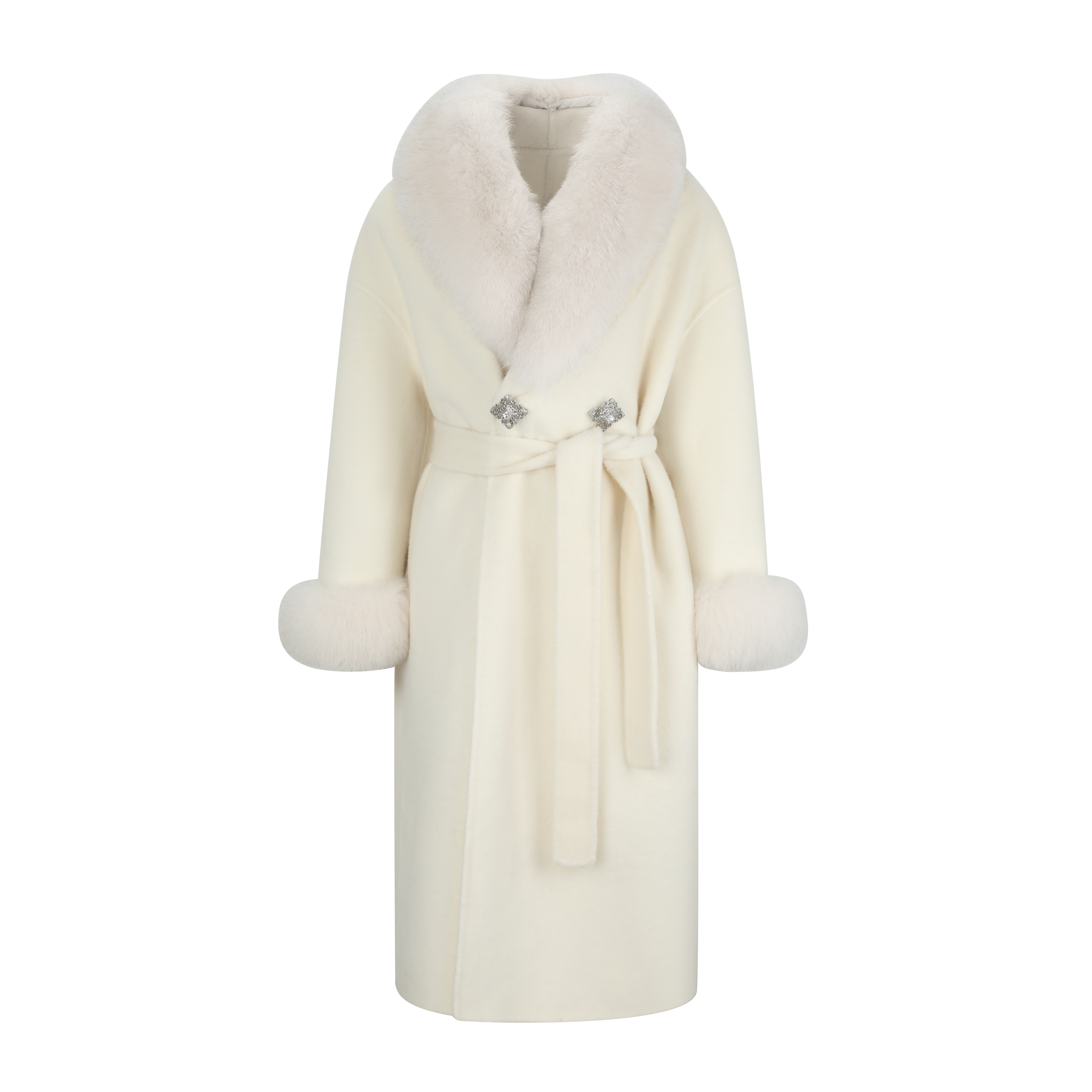 Ivory Faux-Fur Collar Coat with Rhinestone Buttons