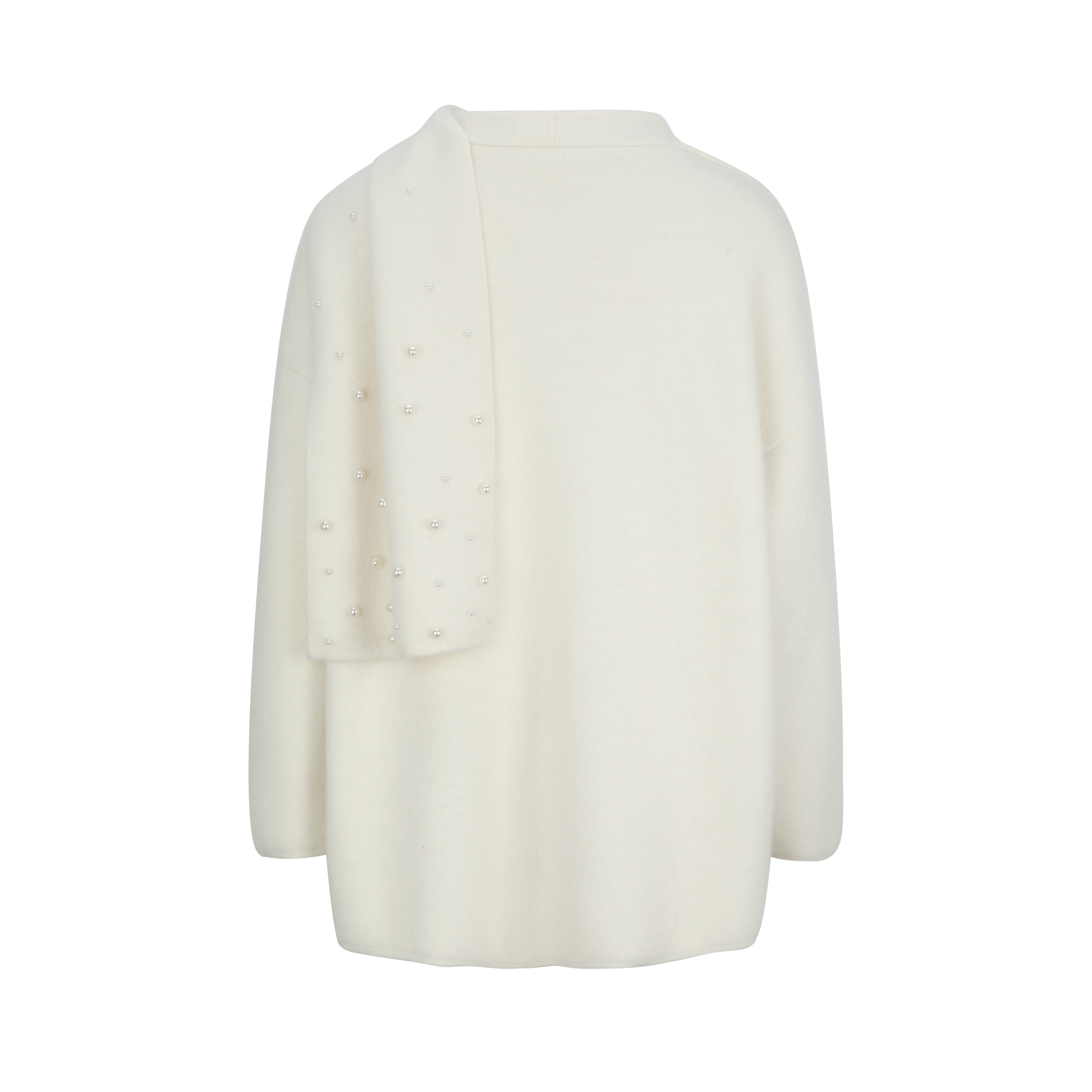 Off-White Pearl-Embellished Knit Coat with Scarf