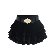 Black Velvet Tiered Belted Skirt