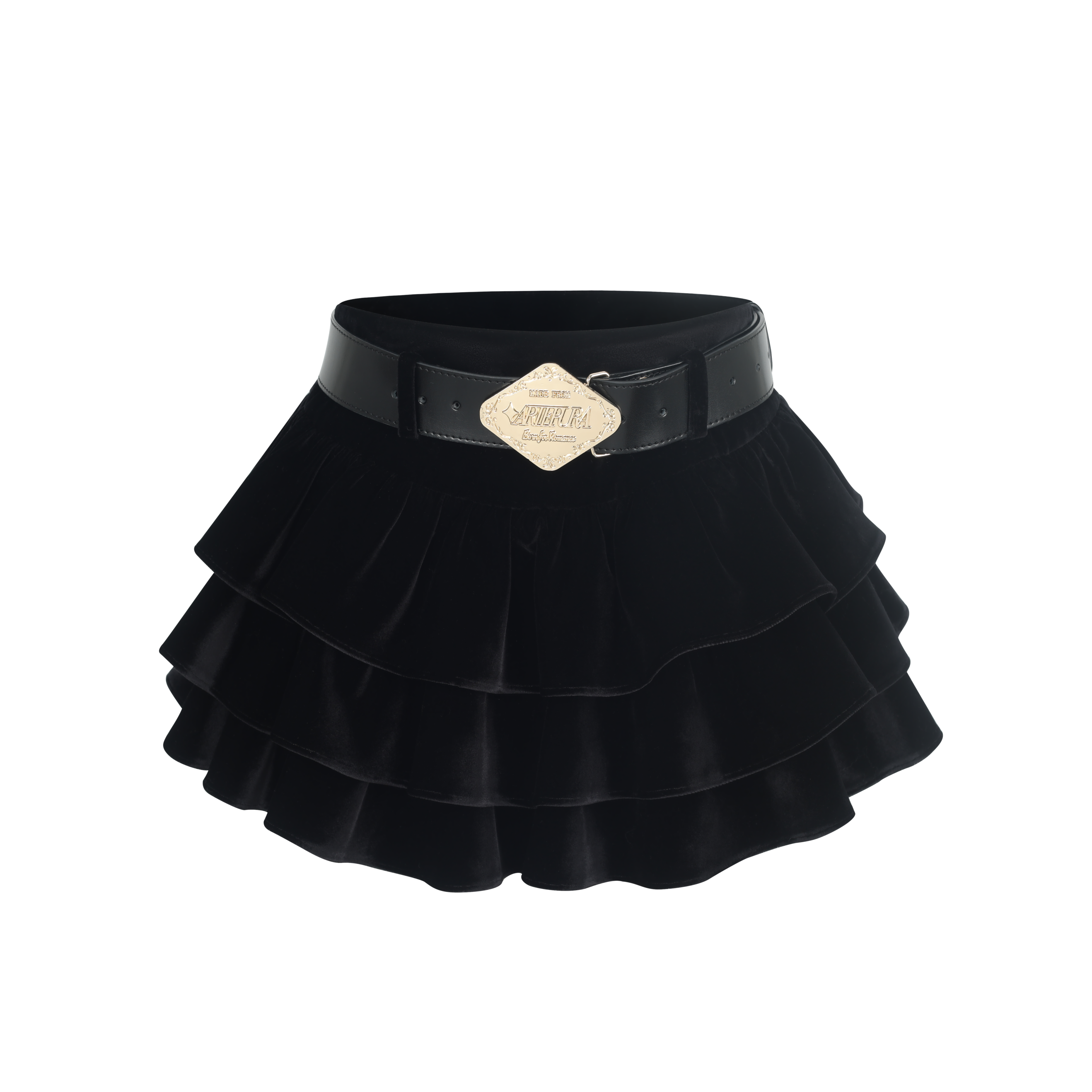 Black Velvet Tiered Belted Skirt