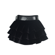 Black Velvet Tiered Belted Skirt