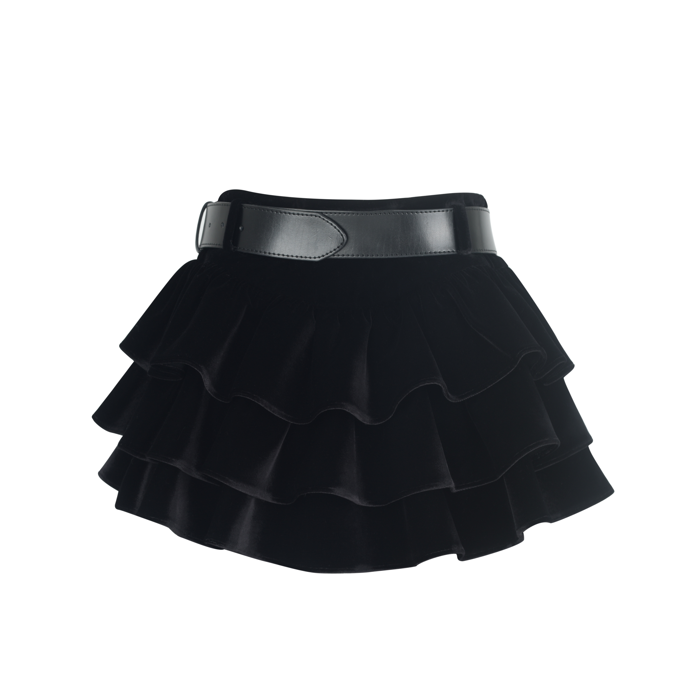 Black Velvet Tiered Belted Skirt