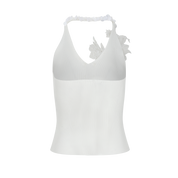 White Halter Knit Top with Lace and Sequin Detail