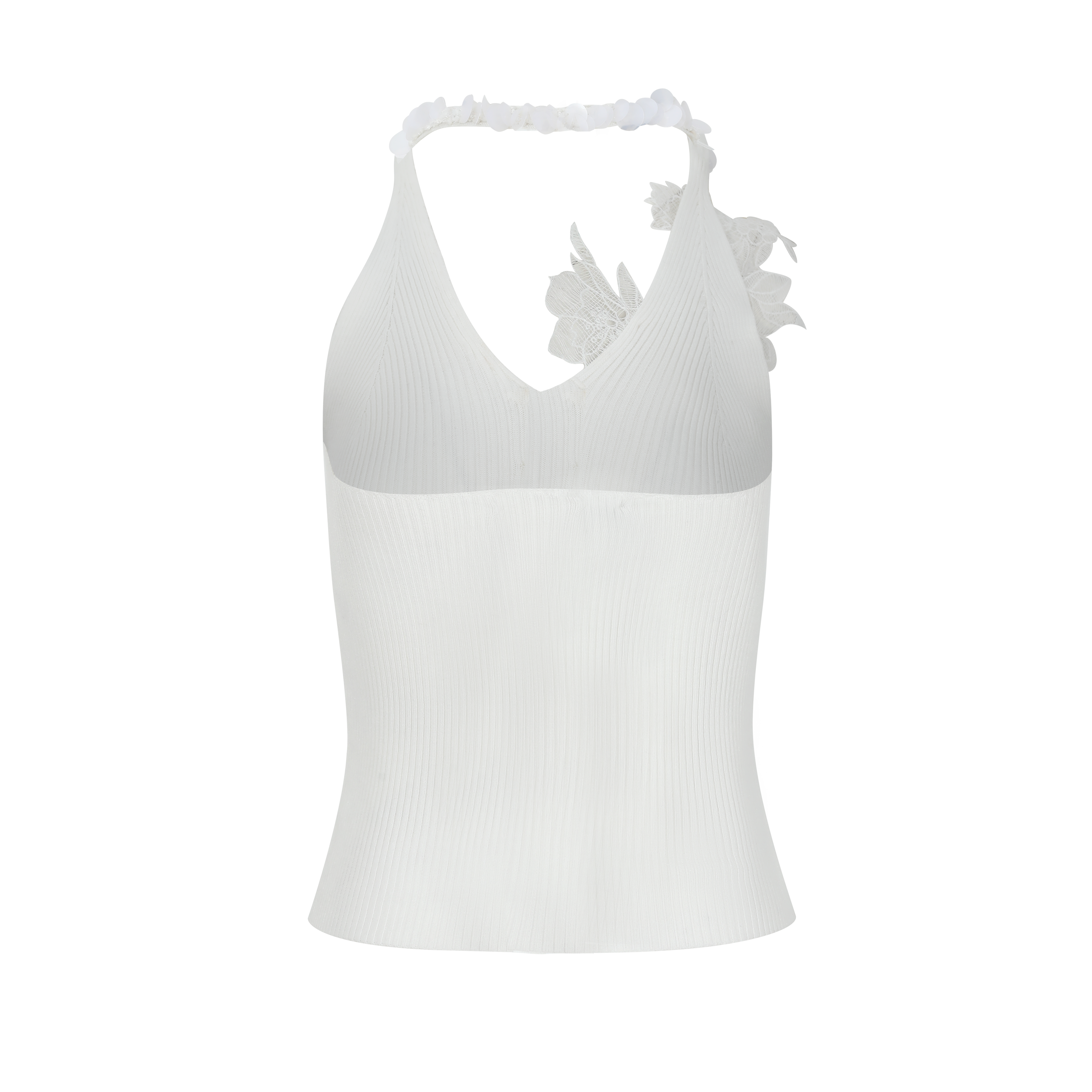 White Halter Knit Top with Lace and Sequin Detail