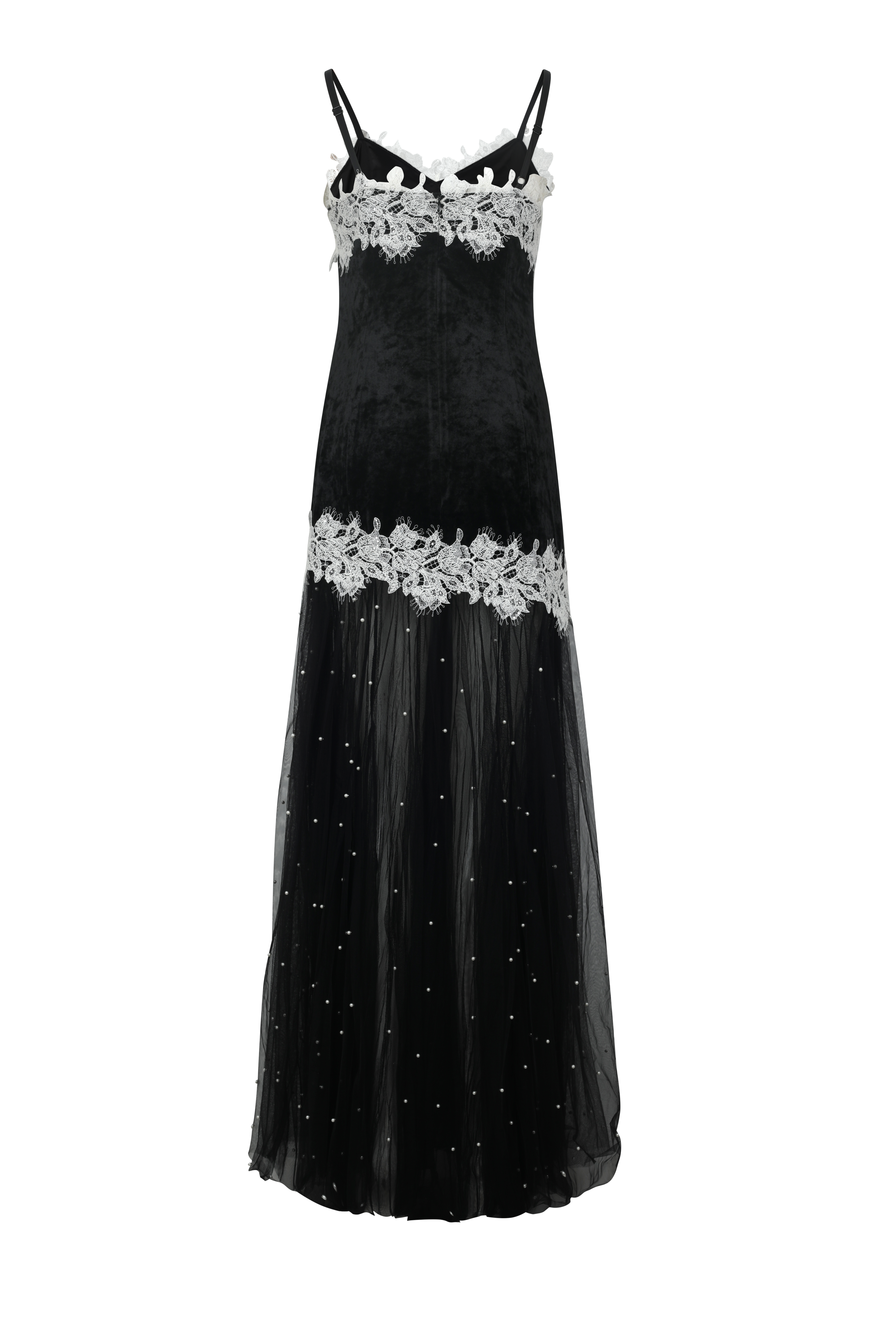 Black Velvet Beaded Mesh Lace Dress