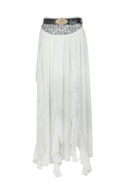 White Wavy-Hem Midi Skirt with Belt