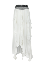 White Wavy-Hem Midi Skirt with Belt