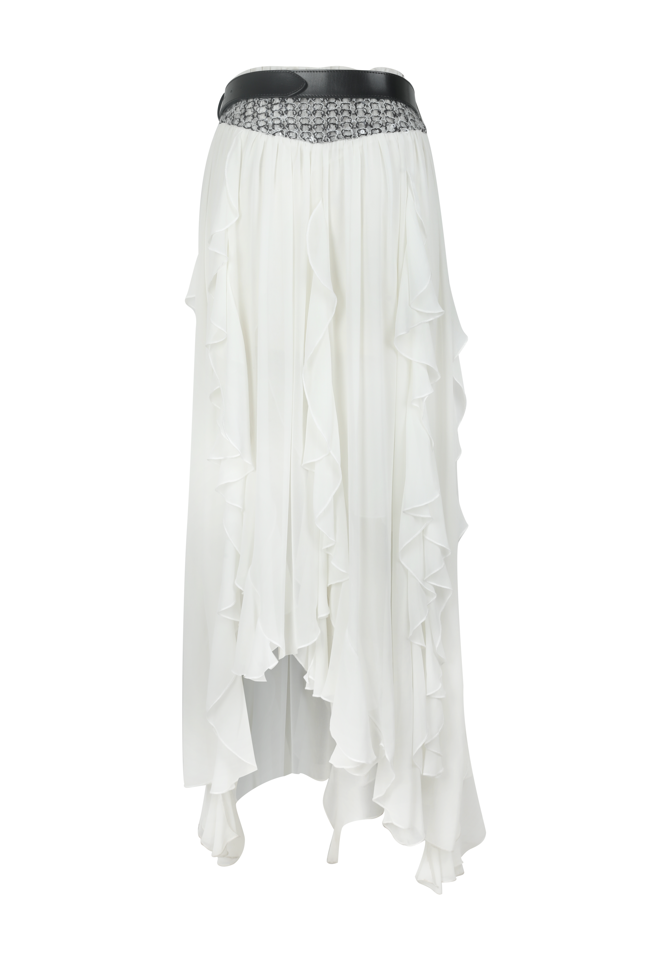 White Wavy-Hem Midi Skirt with Belt