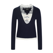 Navy Lace-Trim Knit Top with Contrasting Bow