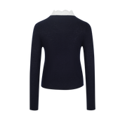 Navy Lace-Trim Knit Top with Contrasting Bow