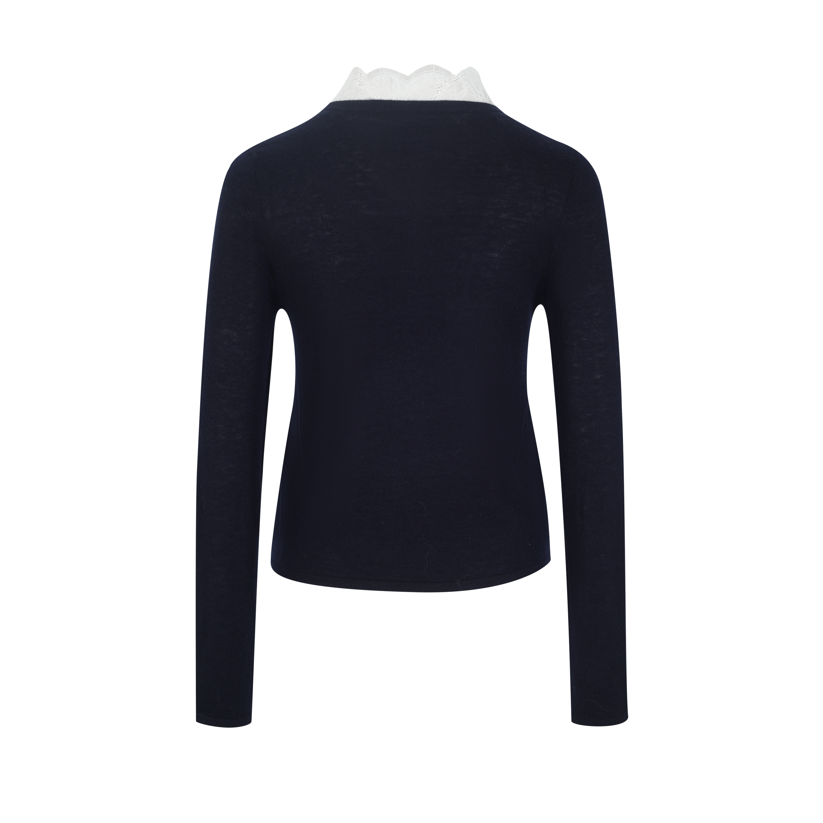 Navy Lace-Trim Knit Top with Contrasting Bow