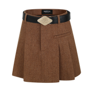 Khaki Tweed Belted Pleated Skirt