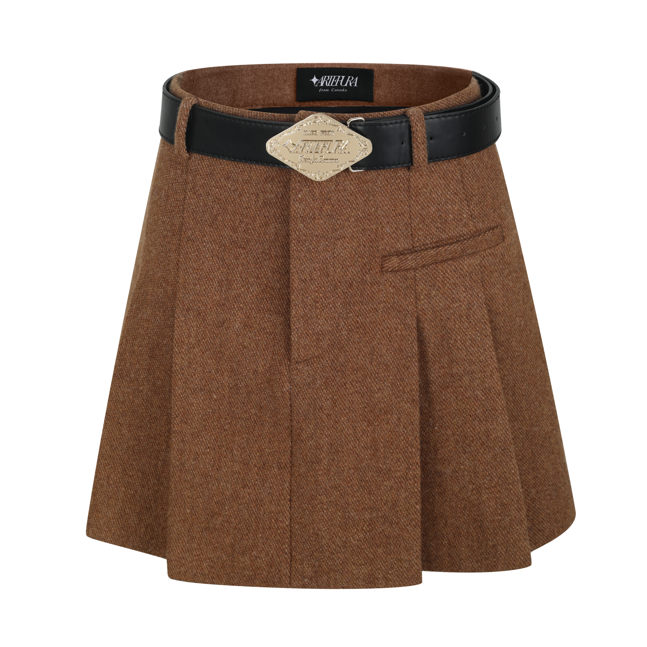 Khaki Tweed Belted Pleated Skirt