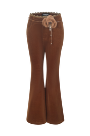 Brown flared pants with a fur waistband on a white background