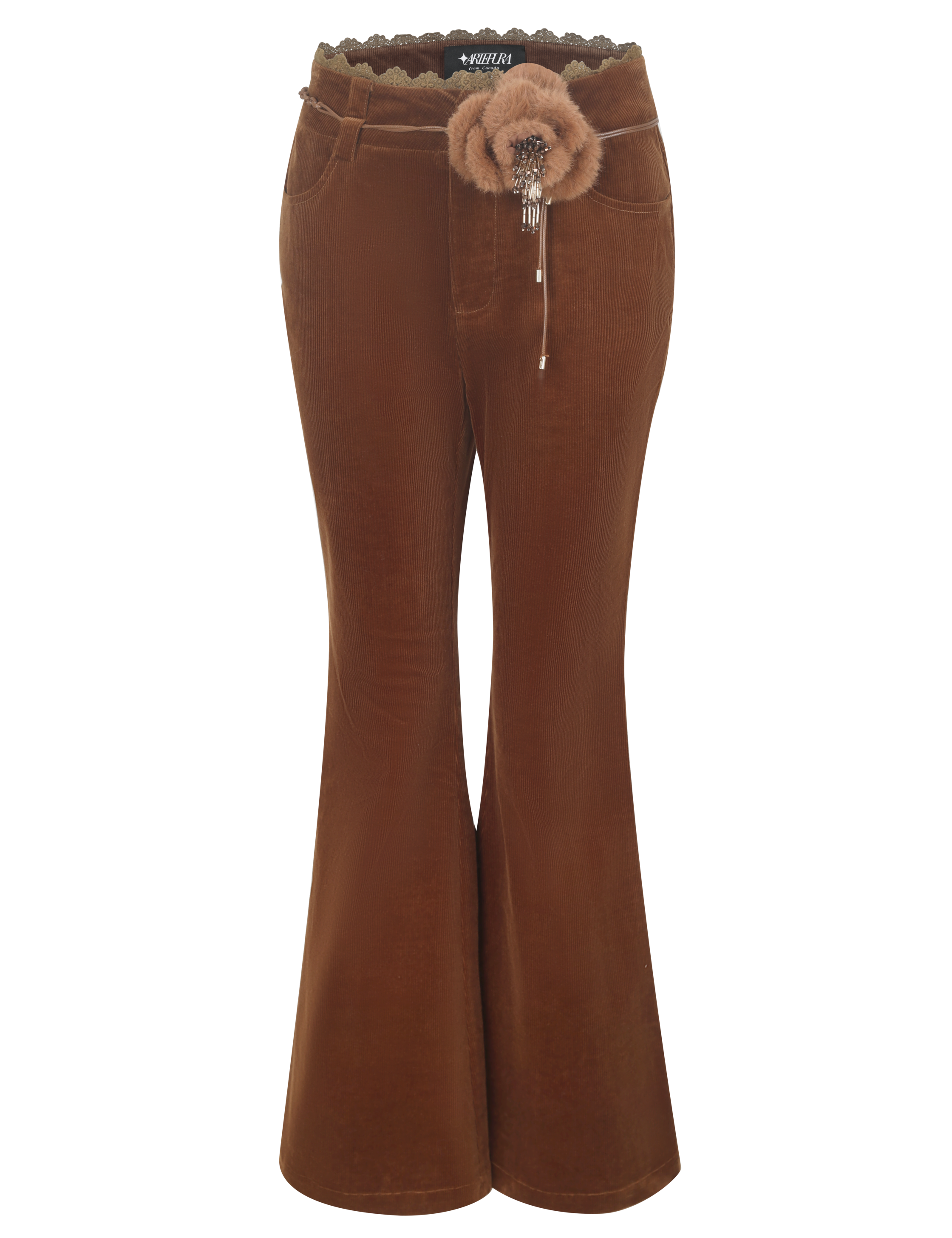 Brown flared pants with a fur waistband on a white background