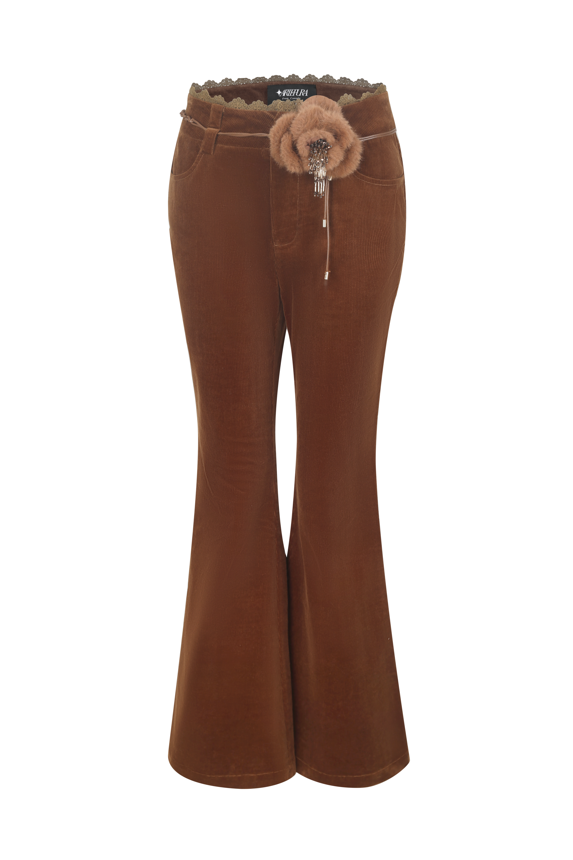 Brown flared pants with a fur waistband on a white background