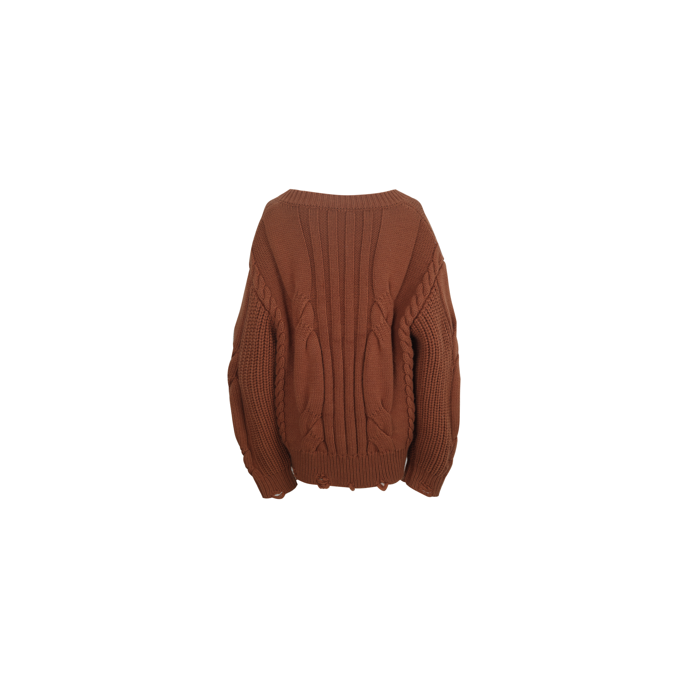 Brown Belted Cable-Knit Pullover