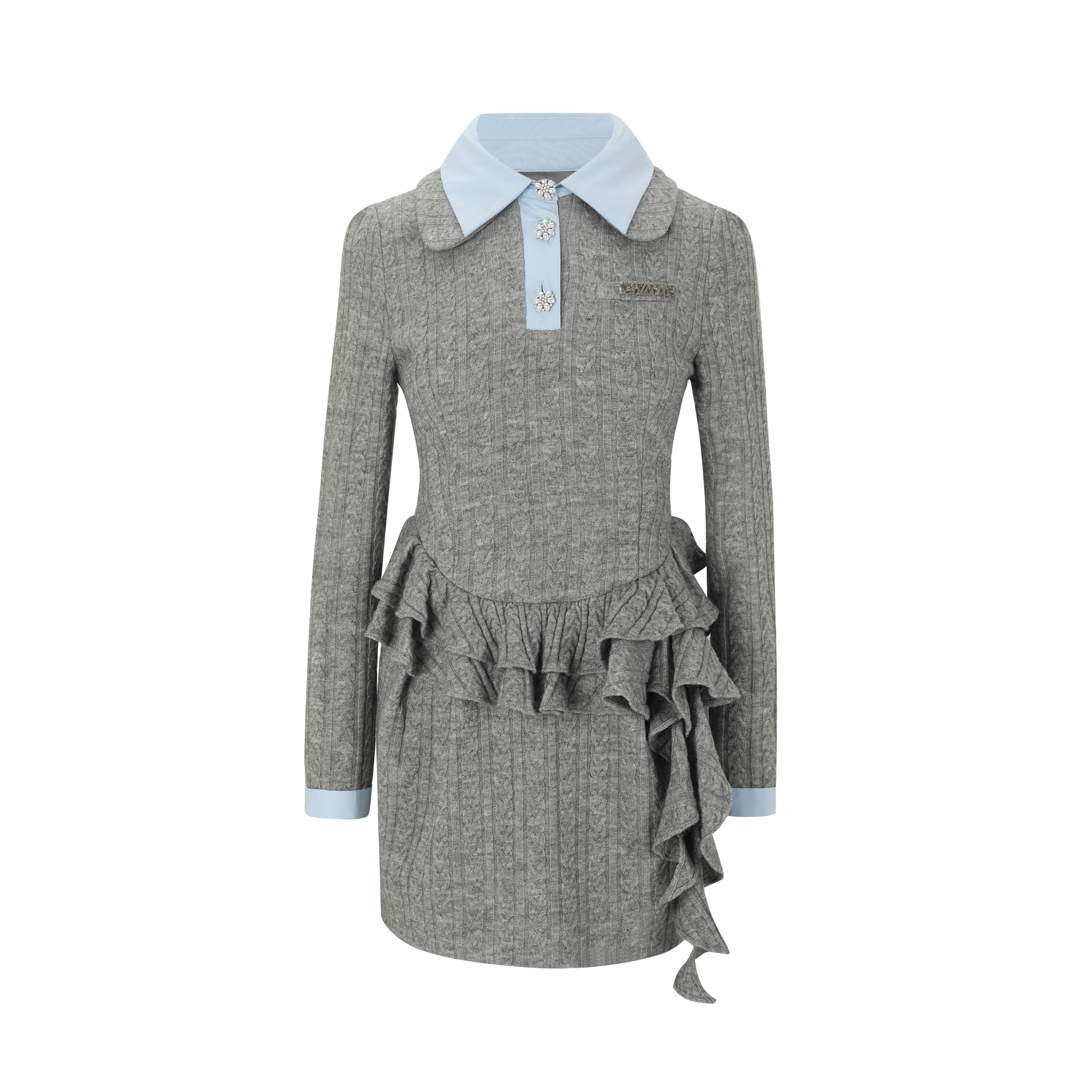 Gray dress with ruffled details and light blue collar on a white background