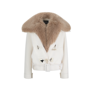 White jacket with brown fur collar on a white background