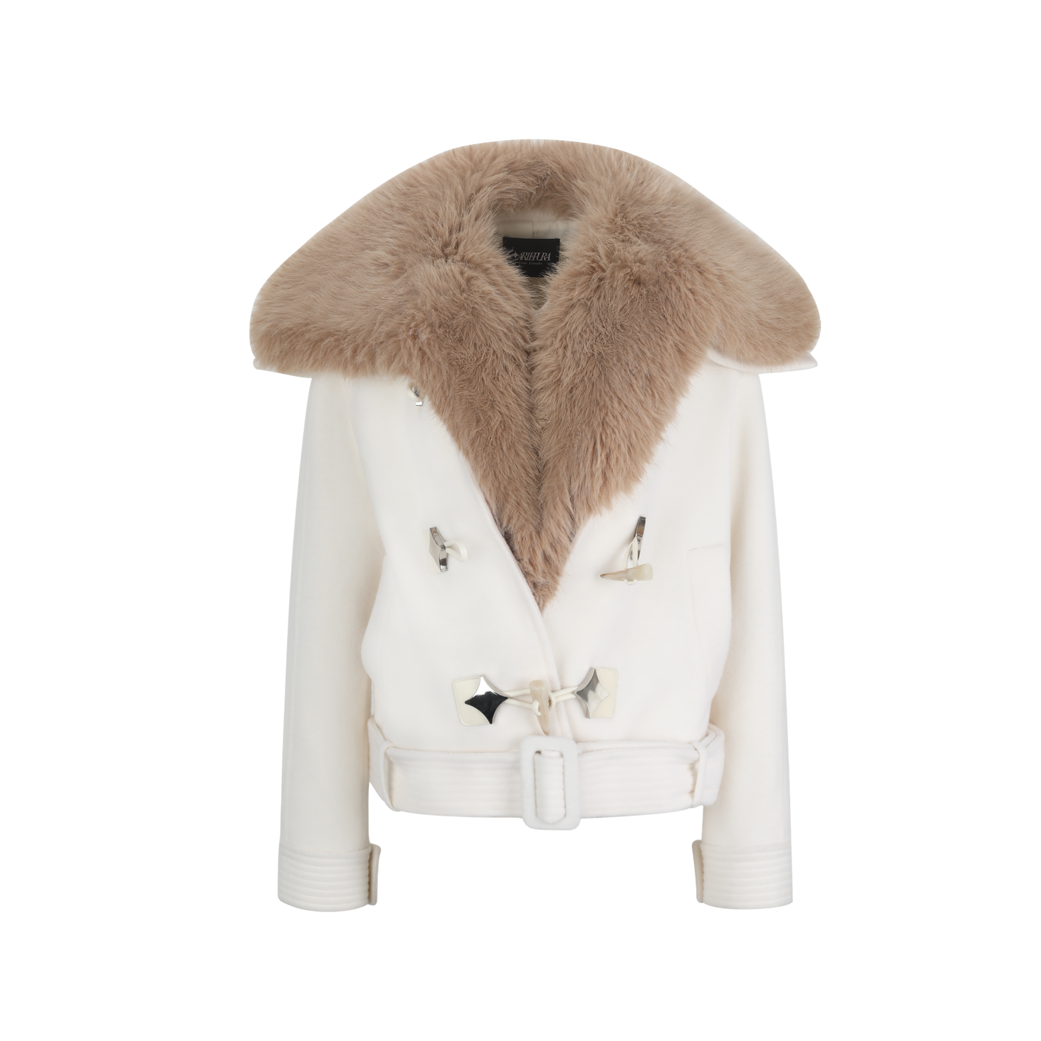 White jacket with brown fur collar on a white background