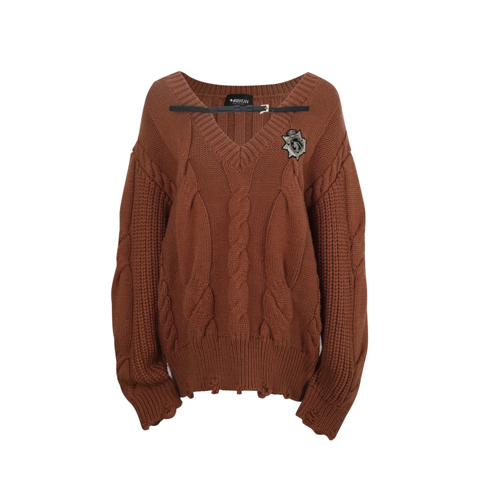 Brown sweater with a decorative brooch on a white background